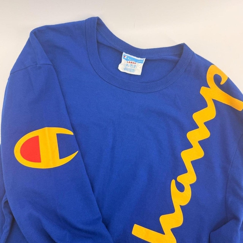 Champion Mens Blue Long Sleeve Script Logo T-Shirt Yellow Graphic Tee Large